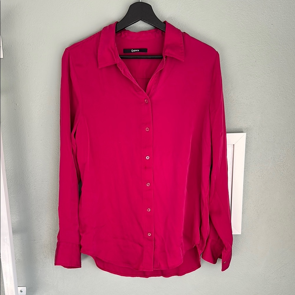 Quince Washable Silk button-down shirt, magnolia pink, large